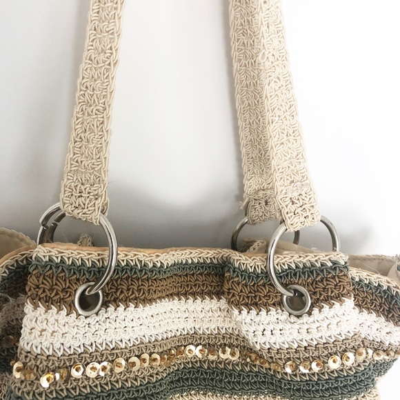 Boho Tan White Green Striped Sequin Hobo Woven Bag - Picture 5 of 8